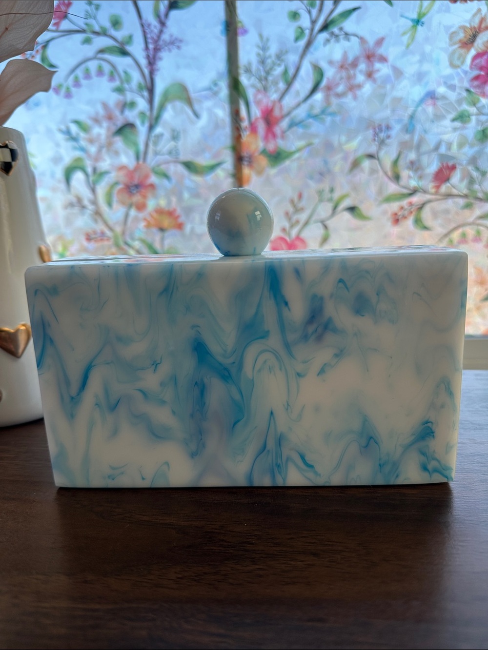 Vintage Blue Marble Acrylic Box Clutch + Removable Card Holder +happy wife case